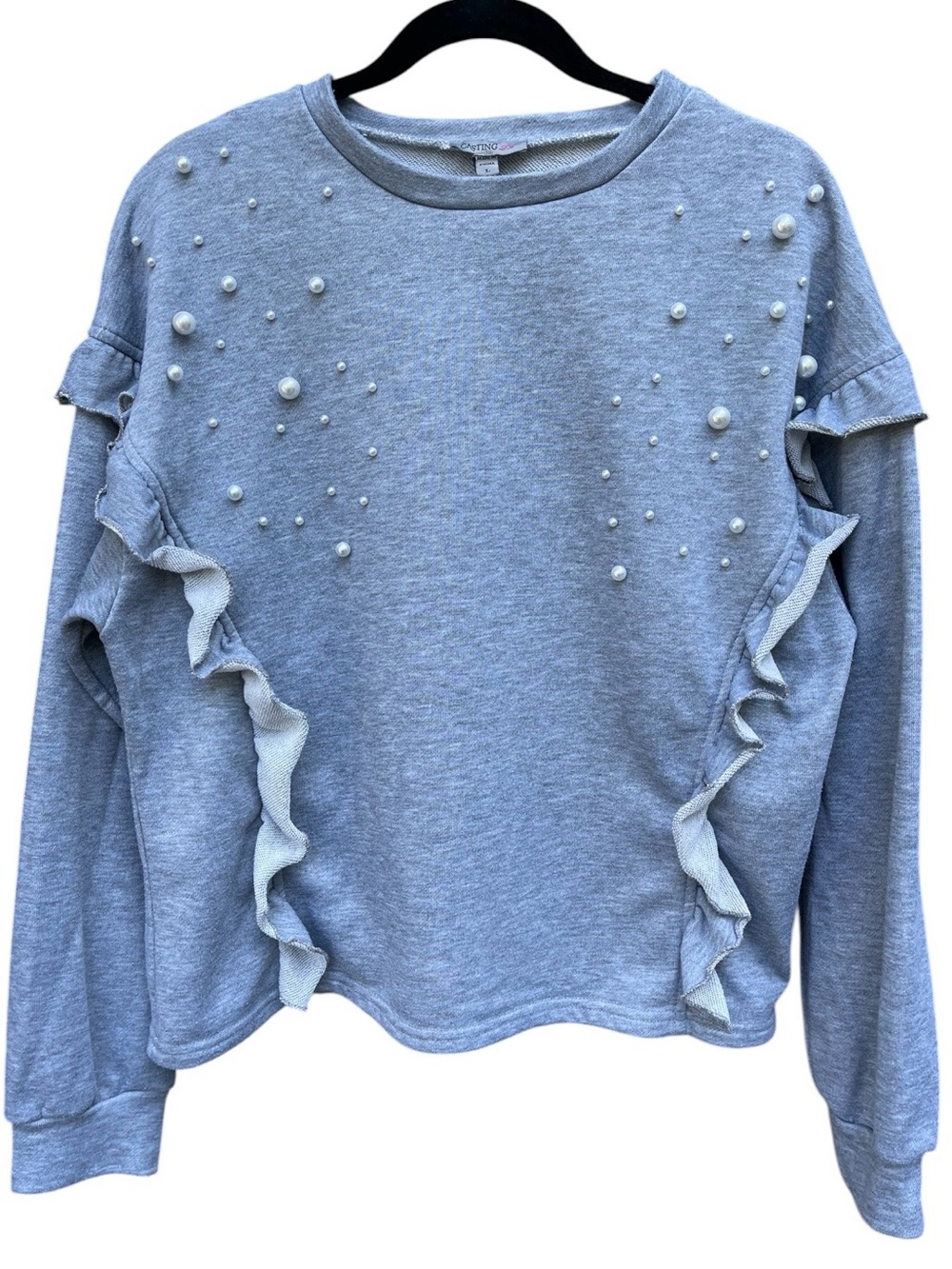 Casting LA Grey Ruffle Pearl Embellished Sweatshirt, Size Large